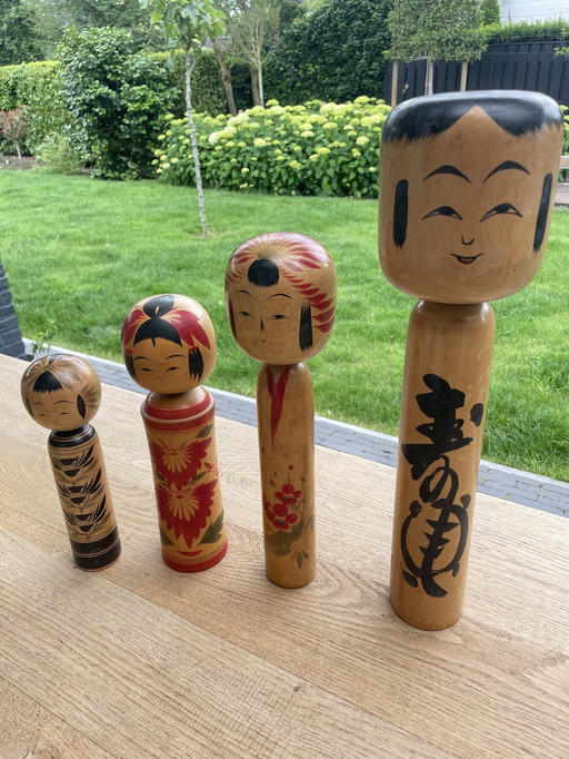 Set of 4 large Kokeshi vintage wooden dolls