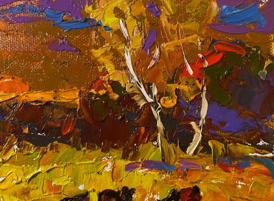 Image 1 of Original Oil Painting Evening Field Landscape Autumn and the last singing of birds