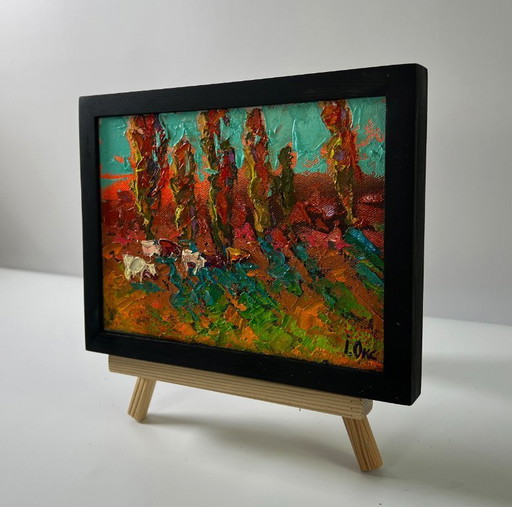 Original Oil Painting Fall Nature Landscape Autumn Evening In The Field – schilderijen tekeningen, Canvas (photo 2 of 8)