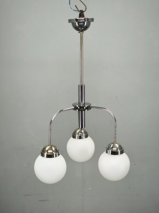 Image 1 of 1940s Czech Bauhaus Chandelier with Opaline Glass Globes