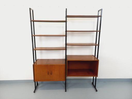 Vintage Italian double modular bookcase in teak and metal from the 1960s