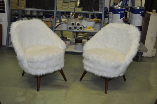 Set de Sillones Mid-Century de Piel Sintética Blanca, Años 50, Juego de 2