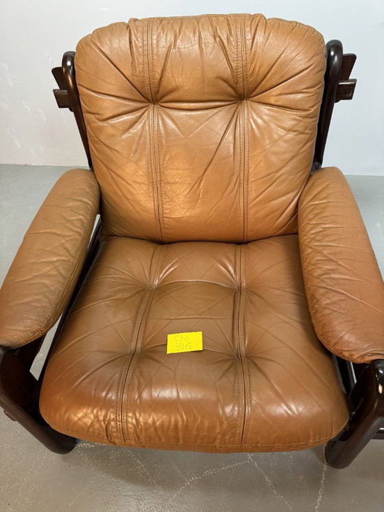 Image 1 of Mid-Century Brazilian Design Jean Gillon 'Rodeio' Lounge Chair in Cognac Leather Upholstery with Jacarandá Wooden Frame.