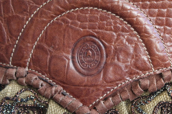 Image 1 of Sehr seltene Gianfranco Lotti Umhängetasche aus den 70er Jahren, Komposition aus Leder, Leinen, Perlen und Applikationen