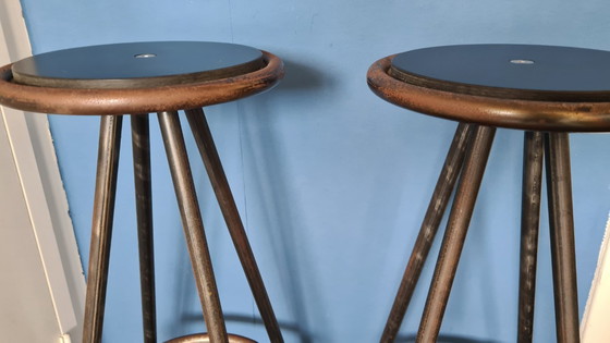 Image 1 of Set (2x) industrial vintage metal bar stools metal & wood