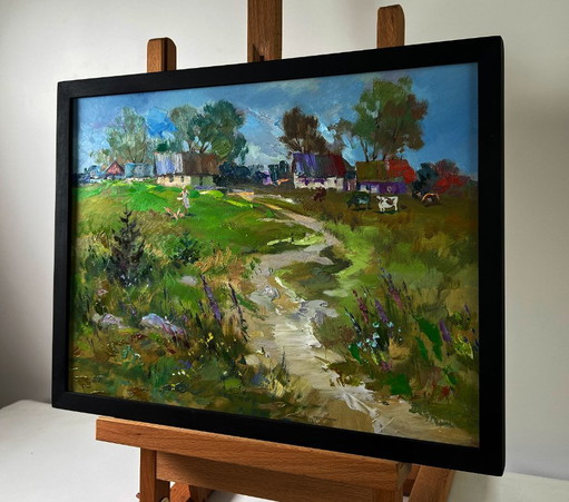 Original Oil Painting Summer Village Landscape Morning With Cows In Rustic