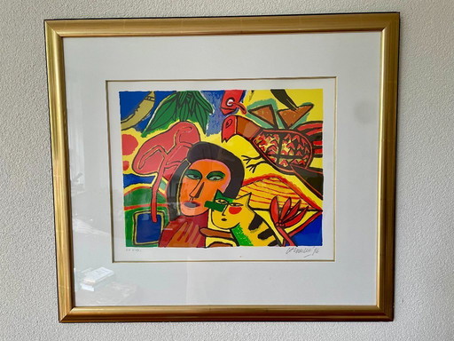 Corneille - Screen print EA - Framed - lady with cat