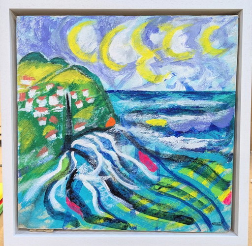LYNMOUTH EXMOOR SEASCAPE CANVAS PAINTING SIGNED SEA COAST NIGEL WATERS FRAMED
