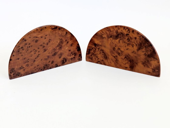 Image 1 of Pair Art Deco Burl Wood Letter Holder Bookends Midcentury Desk Organizer Set