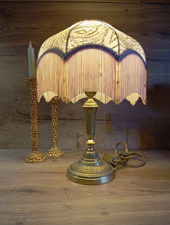 Image 1 of Bronze Living Room Lamp, Art Nouveau Style, Fabric and Fringe Dome Lampshade