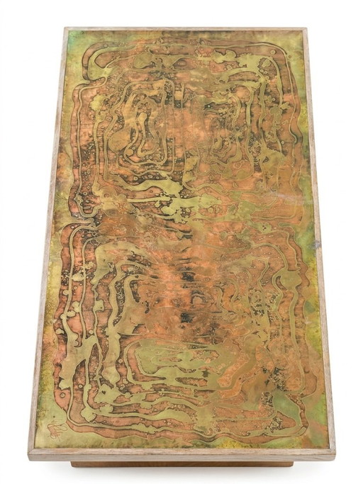 Rare Brutalist Coffee Table by W. Sadeghi - Acid-Etched Brass & Copper - 1970s