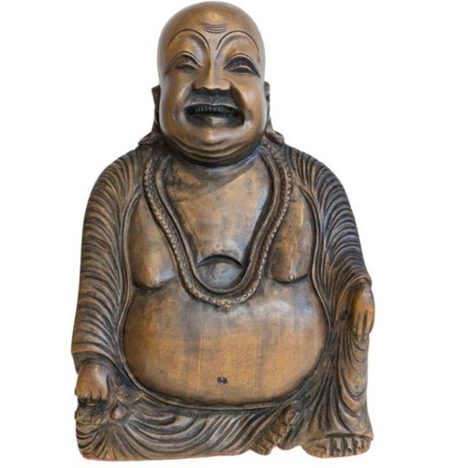 Oude, handgesneden houten lachende Boeddha (Budai) – beeldhouwkunst, Wood