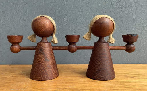 dreifacher Teakholz-Kerzenhalter/ Kerzenständer weibliche Figur 1960er Jahre
