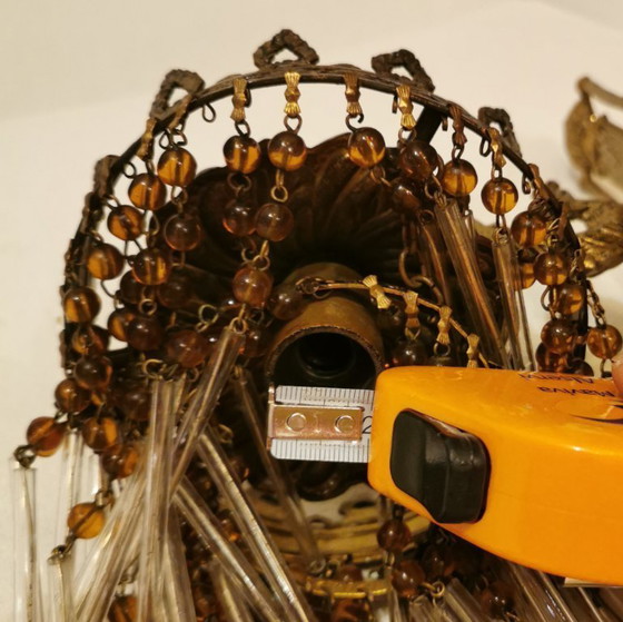 Image 1 of PAIR OF ART NOUVEAU BRASS LAMPS / WALL SCONCES WITH BEADS