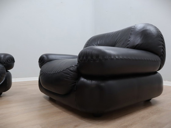 Image 1 of Paar Mobil Girgi Sapporo Sessel, schwarzes Leder, Italien, 1970er Jahre