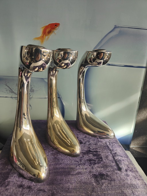 Satz von 3 Stücken in Box De Vecchi Petalo Style Versilberte Kerzenständer