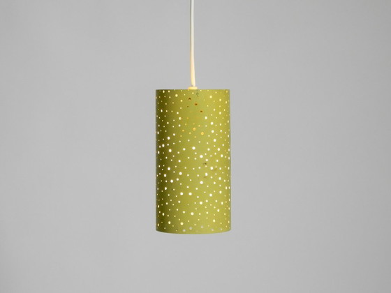Image 1 of Beautiful mid-century pendant lamp in perforated metal, mustard yellow, by Ernest Igl for Hillebrand