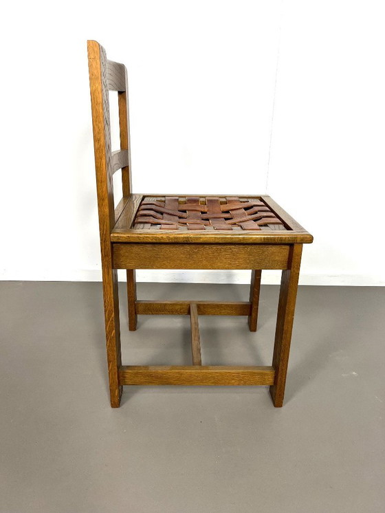 Image 1 of 6 Brutalist oak chairs with leather seat