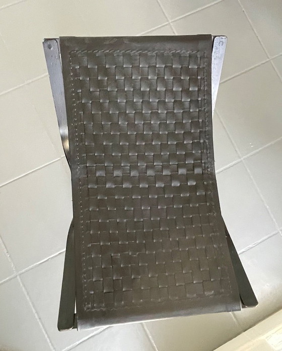 Image 1 of Tabouret haut pliant / taburette en métal et cuir tressé