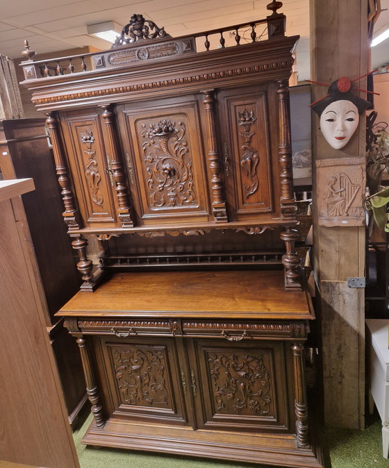 Image 1 of Antique Renaissance Sideboard Cabinet – Solid Wood – Hand-Carved