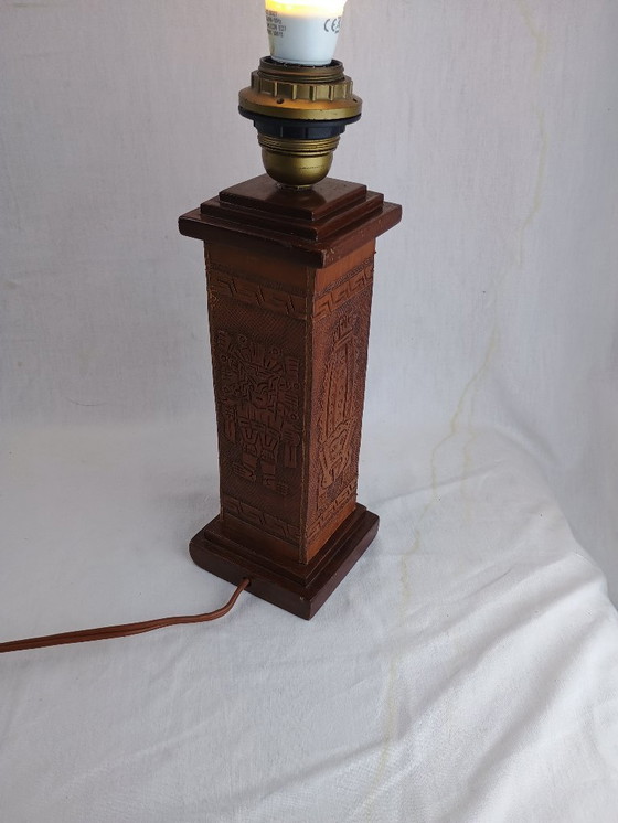 Image 1 of Vintage 1960s Leather Totem Lamp Angel L. Pazmino Aztec Inca maya Brutalist Design, Mid Century Modern Muebles De Estilo
