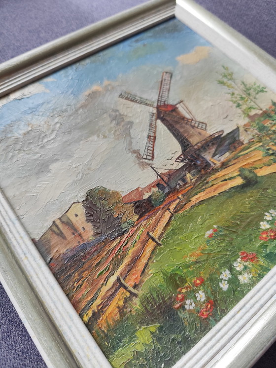 Image 1 of Olieverfschilderij "Windmolen in landschap" gesigneerd A. Schiele 1952, 27,5 x 27,5 cm Kunst