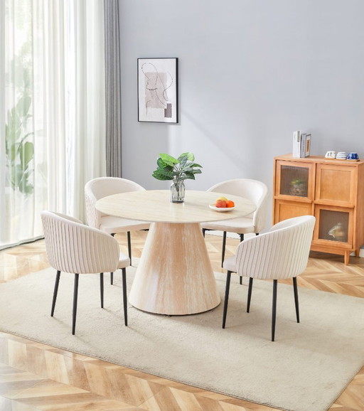 Mesa de comedor ROSALIA de 120 cm en cerámica efecto travertino con patas efecto travertino – Diseño elegante