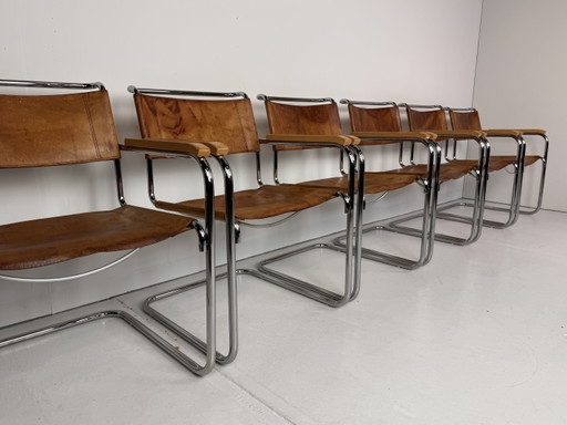6 x Thonet S34 tubular frame chairs cognac leather