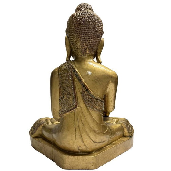 Gilded Wooden Buddha with Glass Inlay from Myanmar, Strong Features – Sculpture (photo 5 of 16)