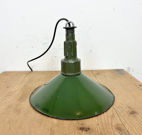 Image 1 of Industrial Green Enamel Military Pendant Lamp with Cast Aluminium Top, 1960s