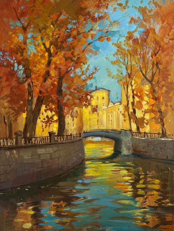 Image 1 of Pintura al óleo original Paisaje urbano otoñal Escalones en el puente de otoño