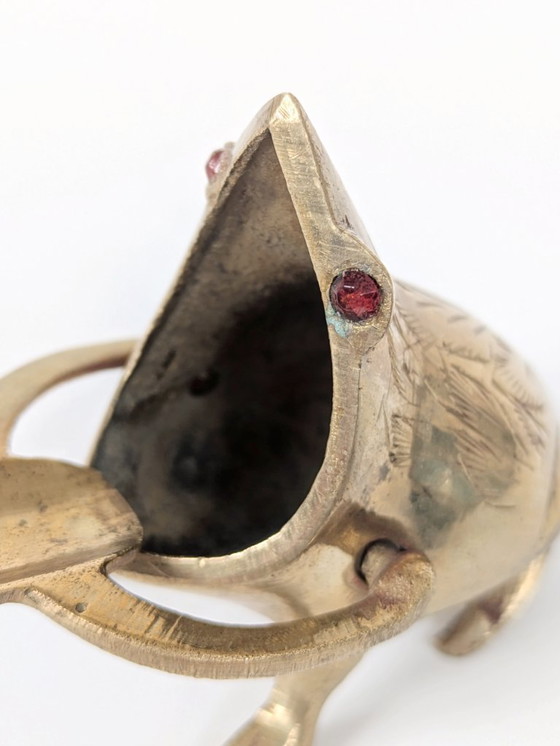 Image 1 of Midentury Vintage Brass Frog Figurine Trinket, Sculptural Quirky with Ruby Red Crystal Eyes