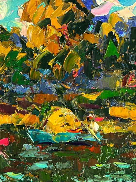 Image 1 of Peinture à l'huile originale représentant un paysage naturel en forêt d'été, sur des bateaux le long de la rivière