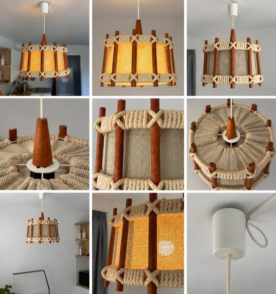 Lampada a sospensione vintage, in legno e corda, anni '60-'70 – Lampade a sospensione, Textile, Wood (photo 12 of 14)