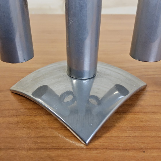 Image 1 of Vase/bougie moderniste en acier inoxydable, style vintage/ère spatiale, design italien (années 70), pour fleurs séchées.