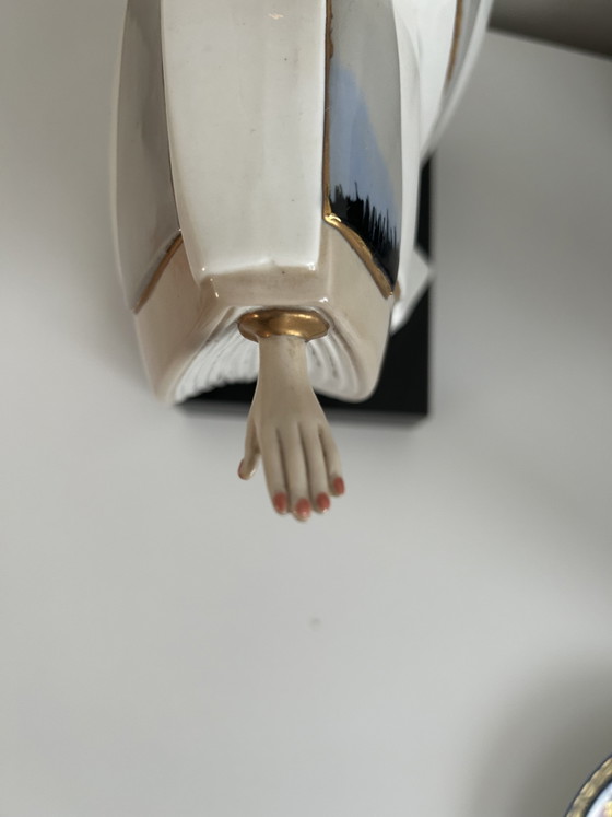Große Tengra Porzellan Skulptur – Art Deco Tänzerin Irisierender Perlmutt & Gold Fächer 35cm (Perfekter (photo 5 of 7)