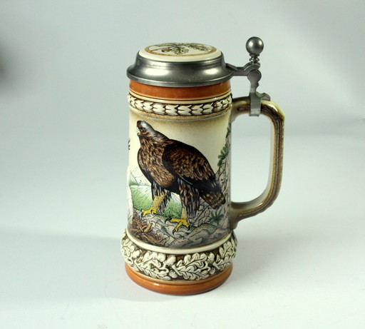 Original Gerz beer mug stoneware with pewter lid eagle in mountain world motif, vintage