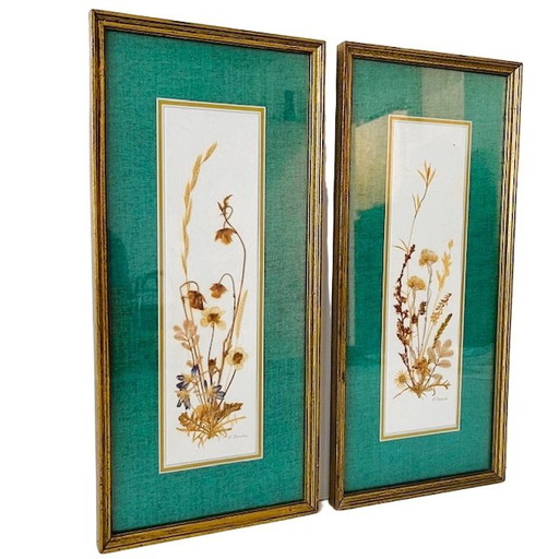 Set of vintage dried flower paintings turquoise