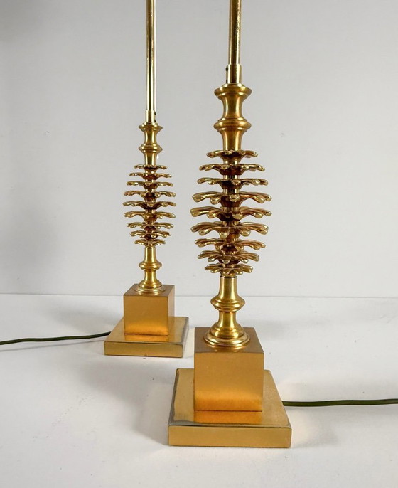 Image 1 of Set of 2 table lamps by Maison Charles, Hollywood Regency, pine cone/pine, France, 1970s