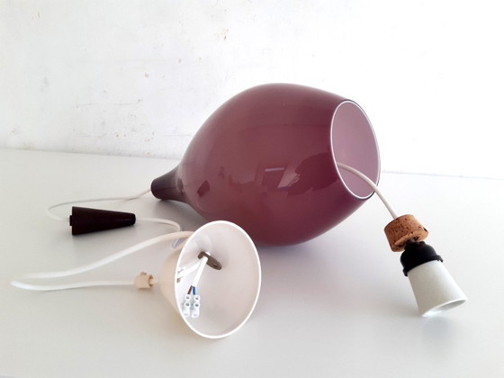 Image 1 of Drop glass mcm pendant lamp, white opal glass with purple top coat, scandinavian design