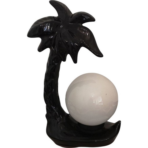 Lámpara vintage de cerámica negra con forma de palmera y globo opalino, 1970