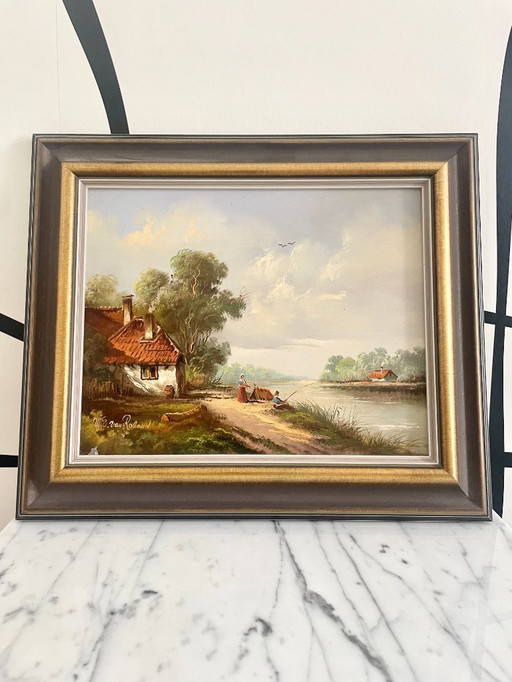 Vintage painting signed W.E. van Rolland - Rural landscape - Oil on panel - Wood frame