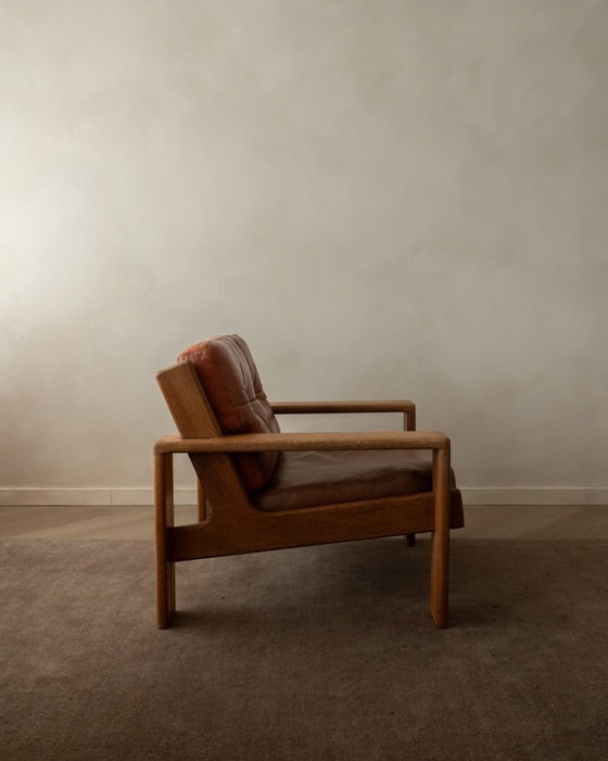 Image 1 of Poltrona lounge vintage Bonanza di Esko Pajamies per Asko, in rovere finlandese e pelle color cognac, anni '60.