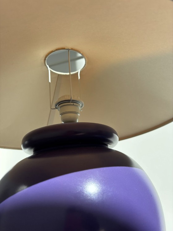 Postmodern Kostka France Table Lamp (Purple, 1980s) with Vintage Moiré Shade – Ceramic (photo 12 of 14)