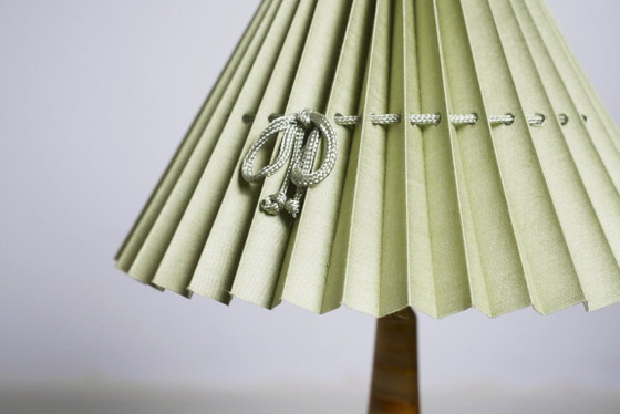 Image 1 of Vintage Pink Onyx Marble Table Lamp with Sage Green Pleated Shade, Italian Brass Bedside Lamp, Art Deco Hollywood Regency Accent