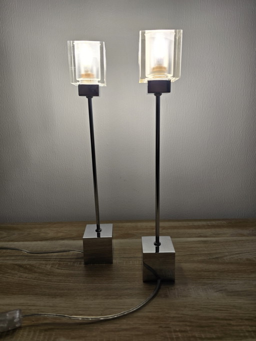 Pair of Minimalist "Ice Cube" Chrome Table Lamps by EGLO (Model 85206) – Y2K Architectural Elegance