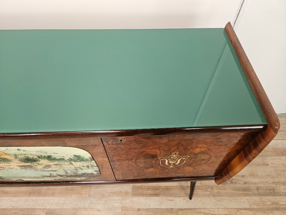 Image 1 of Mid-century mahogany sideboard from the 1950s with aqua green glass and a central bar compartment
