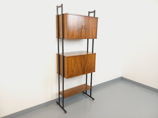 Vintage Italian modular bookcase in walnut wood and metal from the 1960s