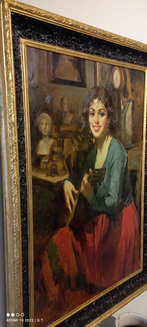 Image 1 of ANTIQUE LARGE PAINTING OF A MANDOLIN PLAYER FROM THE 19TH CENTURY