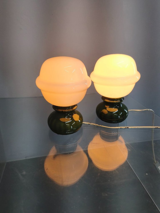 Image 1 of Pair Czech 1970s Milk Glass and Green Ceramic Table Lamps